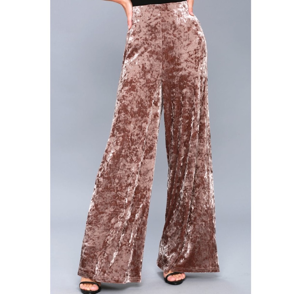 Lulu's Plush Velvet Wide Leg Pants in Taupe